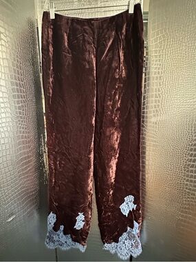 In the Now Velvet Wide-Leg Pants - Deep Plum with Blue Lace Trim